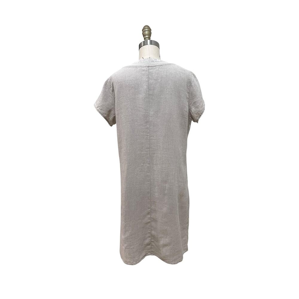 Garnet Hill Dress Womens 10 Beige Linen Embroidered V Neck Shift Pockets Casual - Picture 4 of 9